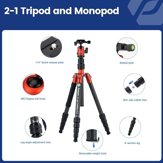 Fotopro 62" Carbon Fiber Travel Tripod, Lightweight Compact Camera Tripod with Ball Head, Detachable Monopod with Arca-Swiss Release Plate and Bag, Load up to 8KG/17.63lbs, Weighs only 2lb. Orange - Image 5