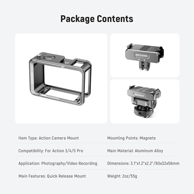 NEEWER Action Camera Cage Kit Compatible with DJI Osmo Action 5 Pro 4 3 DJI Mic, Protective Frame Accessories with Quick Release Cold Shoe Mount & Magnetic Mount Adapter, AC011+AC012+ AC014 - Image 7