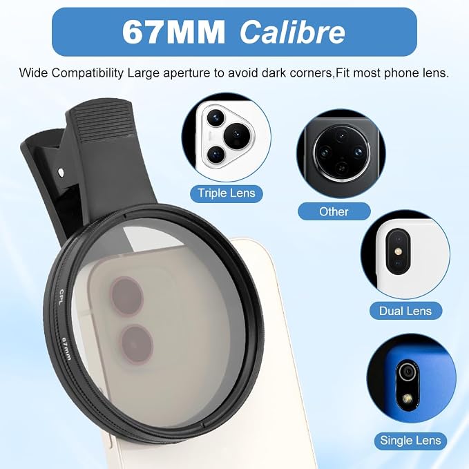 67MM Circular Universal Portable Polarizer Camera Len CPL Filter Professional Polarizing Lens for Smartphones,Camera Lens Accessories | 67mm circular polarizing filter, reduces glare and reflections, enhances color saturation for smartphone and camera - Image 3