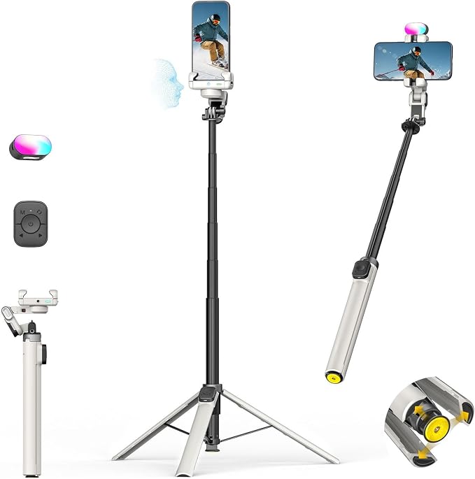 AOCHUAN M3Pro 4-in-1 Phone Gimbal Stabilizer for iPhone, AI Tracking | No App Face Tracking, Built-in Auto-open Tripod, 70.9" Extension Rod, RGB Light, Magnetic Remote, TikTok, Vlog, White by AOCHUAN