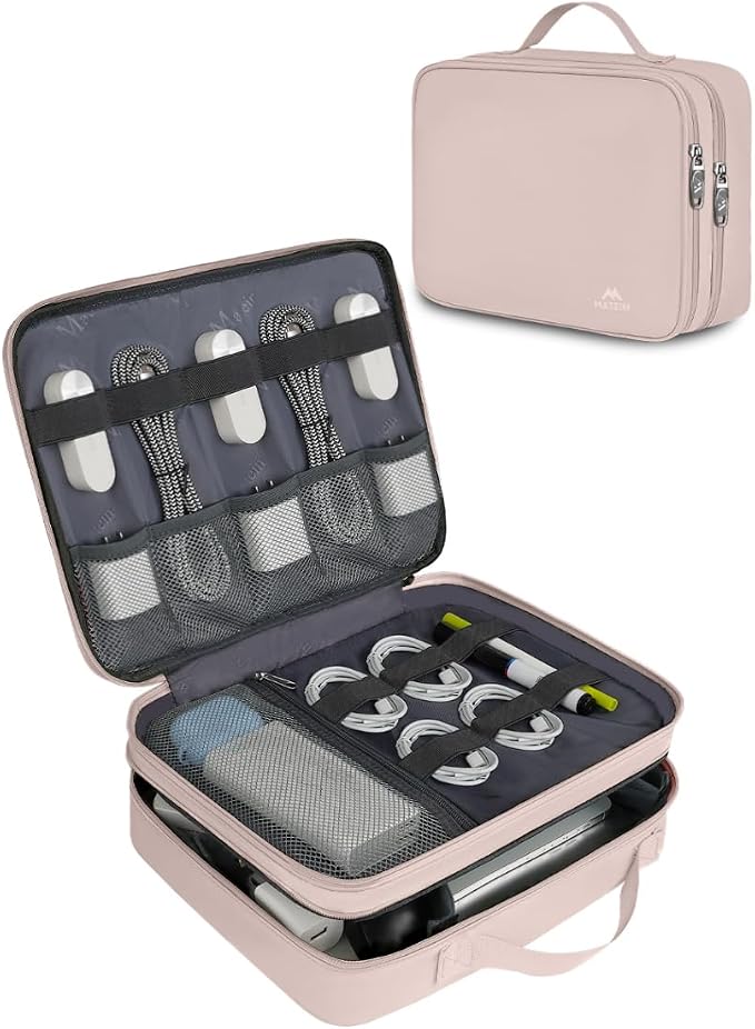 MATEIN Travel Cord Organizer for Women, Large Tech Storage Bag, Soft Pink | Water Resistant, Electronic Accessories Case with Handle, for Cord, Cables, Cellphone, Tablet (Up to 12.9inch), Powerbank by MATEIN