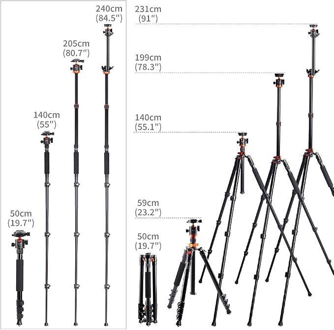 K&F CONCEPT 78 inch DSLR Camera Tripod | Magnesium Alloy, Multi-Angle Center Column, Max Load 22lbs/10kg, O234A7+BH-28L + Arm Kits - Image 3