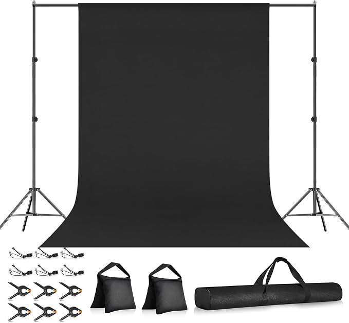 10x7ft Photo Backdrop Stand Kit with 6x9ft Black Backdrop Screen | Portable Photography Frame, Adjustable Support kit with 6 Clamps, Carry Bag for Photo, Video Recording, Streaming, Decoration by Qoolfoto