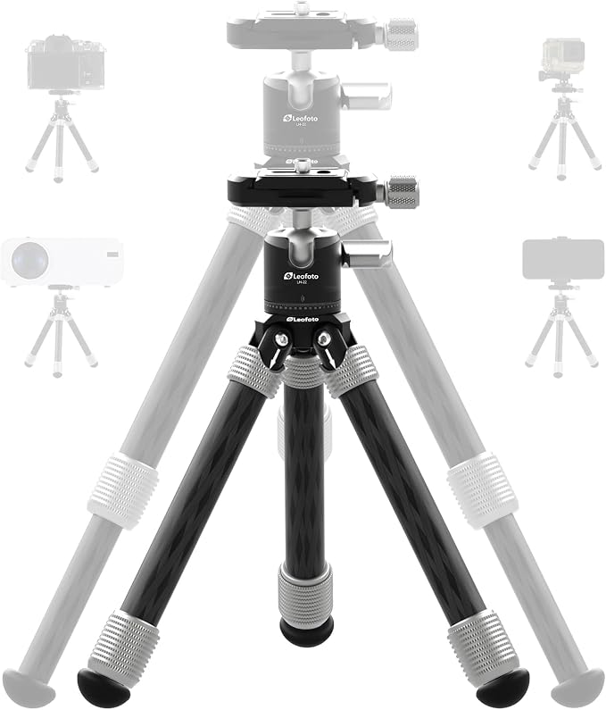 LEOFOTO Carbon Fiber Mini Table Tripod with Ball Head for Camera, Lightweight Desktop Tripod with Base, 1/4" Arca QR Plate for Phone Adaptor/Projector, Max Height 10.43", Max Load 11LB, MT-02C Plus by TAKINGITFURTHER-LEOFOTO