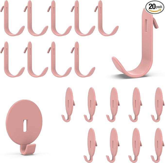HUHOLE 20PC Pink Pegboard Clip Hooks for Thin Metal 1/4 Inch Pegboard | Picture Hangers with 10 lb Capacity, 10 Round and 10 Angled Peg Hooks for Jewelry, Crafts and Small Accessories by HUHOLE