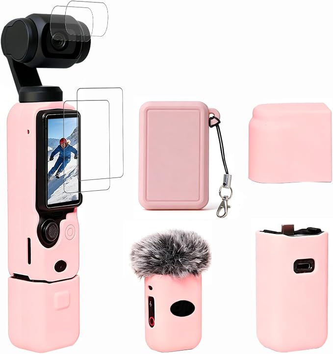 Case for DJI Osmo Pocket 3/Xtra Muse Camera, Soft Silicone Protective Case, Slim Fit Skin with mic Cover and Screen Protector Accessories for Osmo Pocket 3/Xtra Muse,Anti-Scratch (Pink) by Frevyve