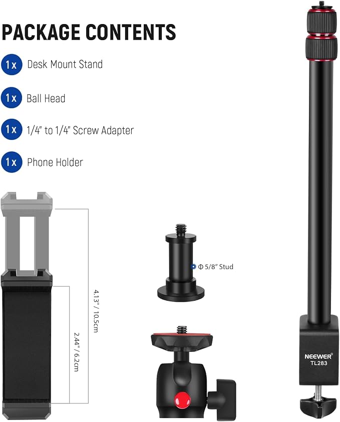 NEEWER Camera Desk Mount with Holder & 360° Ball Head, 17"-40"/43-102cm Telescopic C Clamp Table Light Stand 1/4" Screw, Desktop Stand 6.6lb/3kg Max Load for DSLR Camera, Webcam, Ring Light,TL283 - Image 8