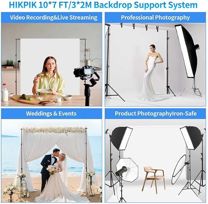 Adjustable Photography Backdrop Stand Kit 10x7ft(W*H)– Photo Studio Background Support with 4 Crossbars, 4 Clamps, 2 Sandbags (with 10 * 7 Feet White Backdrop Curtain) - Image 6