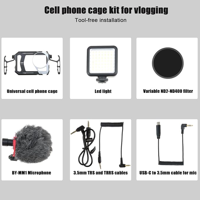 Fotga 4-in-1 Smartphone Cage Kit Photo Video Stabilizer w/Handles + Microphone + LED Light + ND Filter for iPhone 17 16 15 Pro Max Samsung Cell Phone TikTok & YouTube Vlog Live Stream Video Recording - Image 3