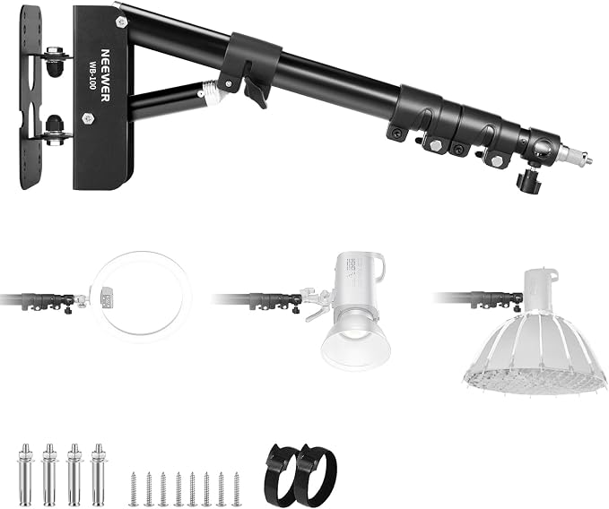 NEEWER Ring Light Wall Mount Boom Arm, 22"-46"/55-116cm, Aluminum Alloy | 180° Swivel, Triangle Light Wall Mounting, for Photography Strobe Monolight Softbox Umbrella Reflector, Max 6.6lb/3kg, WB-100 by Neewer