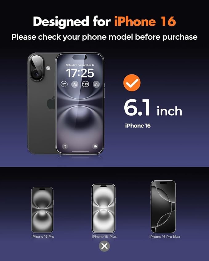 UNBREAKcable iPhone 16 Screen Protector & Camera Lens Protector | Upgraded Dual-Tempered Glass with Military-Grade 9H Hardness, 3-Pack,HD Clarity, Anti-Fingerprint, Case Friendly, Fits 6.1'' - Image 2