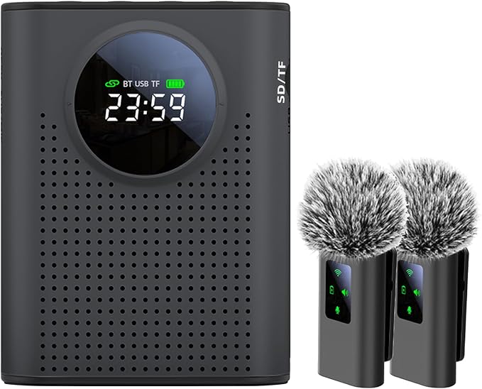 S67 Rechargeable Voice Amplifier Wireless Microphone Dual for Teachers Classroom, Mini Lavalier Lapel Mic Clip Magnetic, Bluetooth Speaker with LED Display for Class, Tour Guide, Coaches, Black by ZERFUN