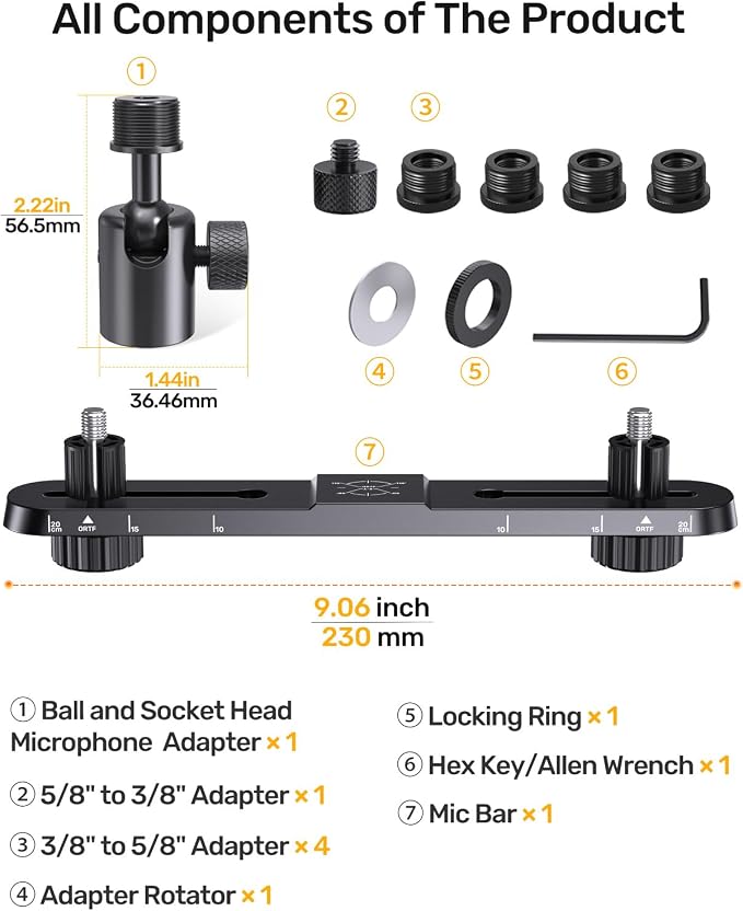 Stereo Array Spacing Microphone Holder with All-Metal Mic Ball Head Adapter, Adjustable Mic Mount Bar for Two Mics/Booms with 3/8" - 5/8" Screw Adapters, Fits Mic Stands for Recording, Live Streaming﻿ - Image 9