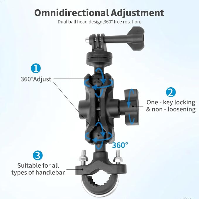 Bike Motorcycle Camera Mount Bundle Kit, 1/4 Screw & Tripod Mount Adapter, 360°Rotating Ball Head Base -Ballhead Arm Bracket Clamp for lnsta360/G0pro, Handlebar Stype(0.59"-1.38") 75013 - Image 2