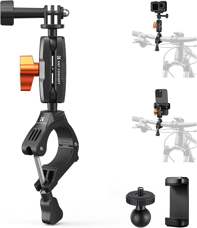 K&F CONCEPT Handlebar Bike Mount with 360° Dual Ball Head, Camera Clamp | Mount Compatible with Hero 13/12/11/10, Osmo Action 6 5 4 Pro, 360 X5 X4 and Smartphones, MS70 by KFCONCEPT