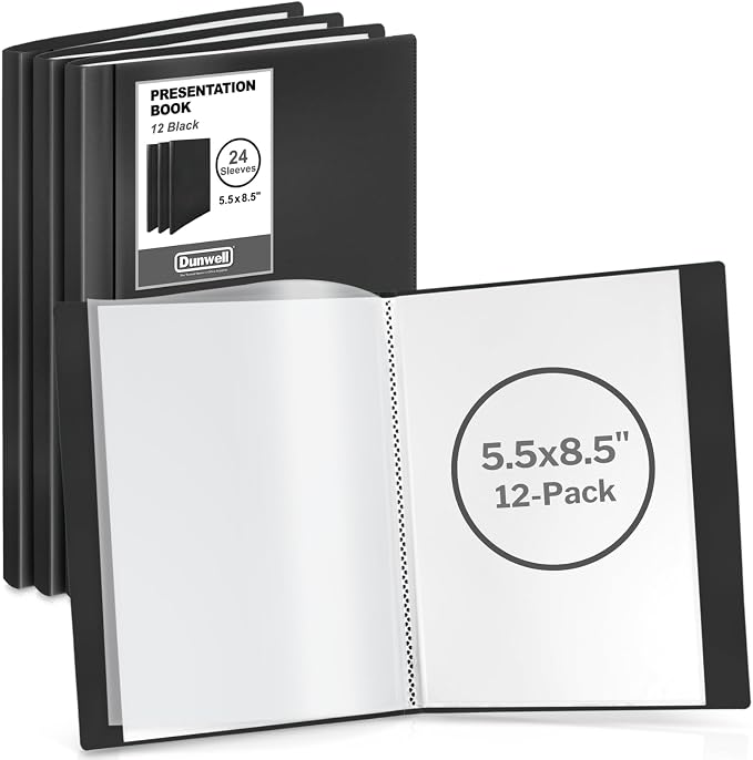 Dunwell Presentation Book 24-Pocket 5.5x8.5, Sleeves, 12-Pack, Black | Acid-Free Poly, Displays 48 Pages, Tear-Resistant Sleeves, Ideal for Documents & Artwork by Dunwell