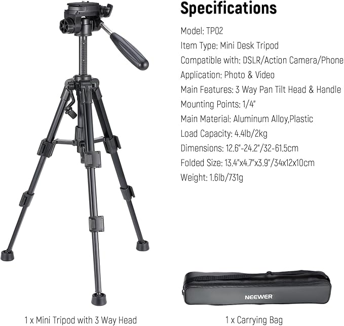 NEEWER Basic Mini Desk Tripod for Camera with 3 Way Pan Tilt Head & Handle, Small Portable Metal Tabletop Selfie Stick Stand with 1/4" Screw for DSLR Vlog Video Recording, Max Load 13.2lb, TP02 - Image 9