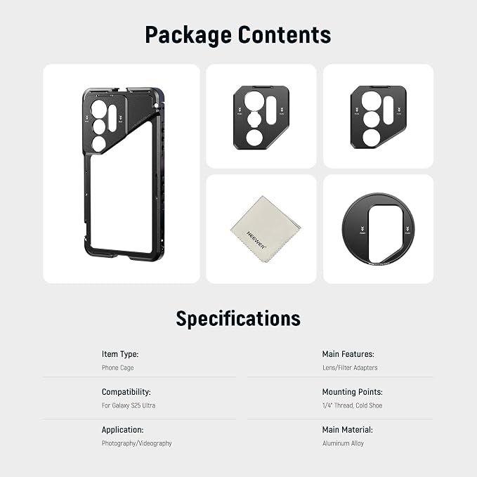 NEEWER S25 Ultra Phone Cage, Mobile Video Rig Phone Stabilizer with 67mm Filter Adapter, 17mm Lens Backplate, T Mount Adapter Compatible with Moment Samsung Galaxy S25 Ultra, 1x Cleaning Cloth, PA082 - Image 8