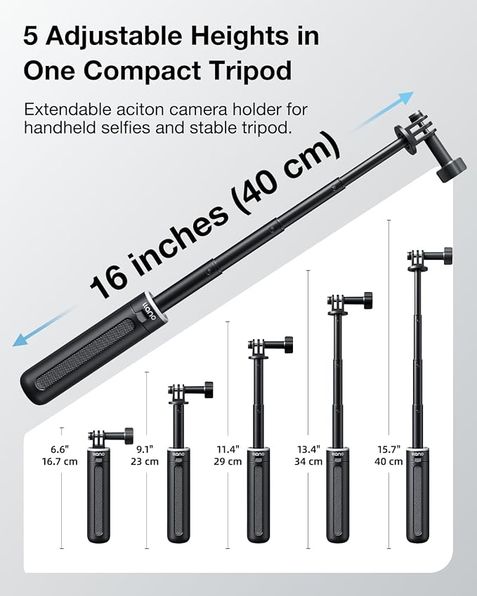Llano 16" Action Camera Tripod for Gopro Hero 13/12/11/10/9/8, Max 2/1, Extendable Mini Tripod, Standard Mount for Gopro, Portable Handle Grip, Small Selfie Stick, Lightweight, Black - Image 5