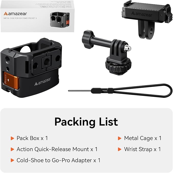 AMAZEAR Protective Cage for DJI OSMO Pocket 4P/4/3/Xtra Muse Accessories, Metal Case Multifunction Frame Expansion with Quick Mount Bracket, Wrist Strap, Hot-Shoe for GoPro Adapter, Midnight - Image 7