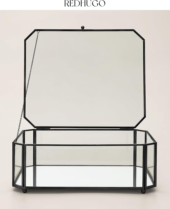 REDHUGO Large Glass Boxes for Display Handmade, Octagon, Black | Handmade Glass Jewelry Box with Mirrored Bottom and Lid, Ideal for Trinkets, Photos, Keepsakes and Vanity Decor - Image 4