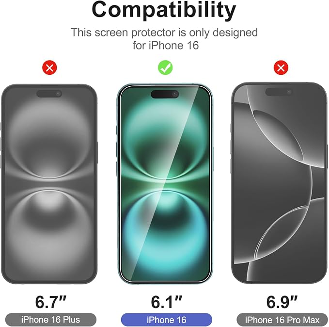 NEW'C 3x for iPhone 16 Screen Protector (6.1 inches)+ 3x Camera Lens Protector, Sensor Protection, Case Friendly Tempered Glass Film + Dust Plug- Easy installation tool include - Image 2