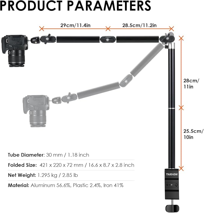 TARION Overhead Camera Desk Mount Articulated with Gear Joints TKA01-L | 6.6lbs Load, 3/8'' 1/4'' Screw, Flexible Detachable Ballhead, Supports Horizontal and Vertical Shooting, Live Streaming - Image 6