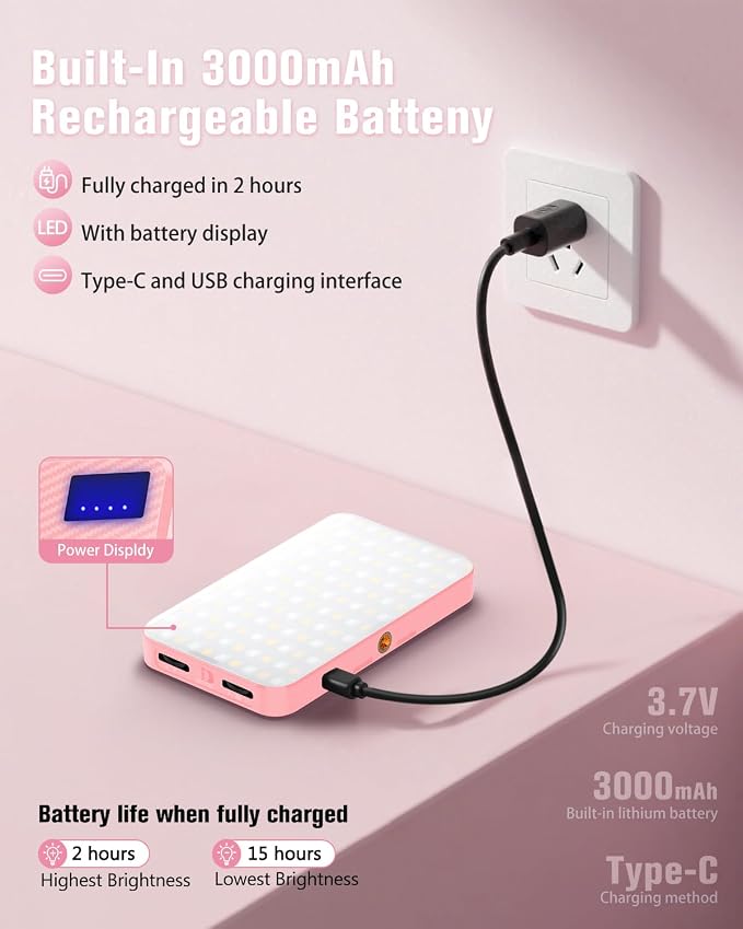 168 LED Selfie Light for iPhone, Phone Light, 3000mah Rechargeable Picture Light Clip Portable Lights for Phone, Camera, Laptop, iPad, 3 Lights Modes for Makeup, Video Conference, TikTok, Vlog (Pink) - Image 4