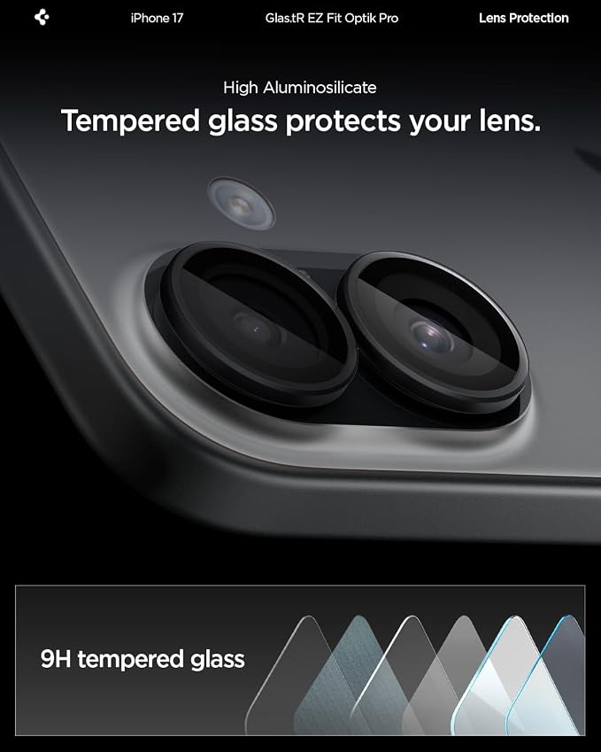 Spigen Camera Lens Protector for iPhone 17/16 Plus/16 - Black | GlasTR EZ Fit Optik Pro, 9H+ Tempered glass, Scratch resistant, Auto-align tray, Case-friendly, Original Photo Quality, 2Pack - Image 6