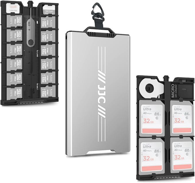 Aluminum Memory Card Case Slim for 4 SD,12 Micro SD TF MSD,2 Nano SIM/NM Cards,Anti-Shock Anti Scratch,Comes with Carabiner,Flathead Tool,Micro SIM Adapter,Card Remove Tool and Mini Ruler (Gray) by JJC