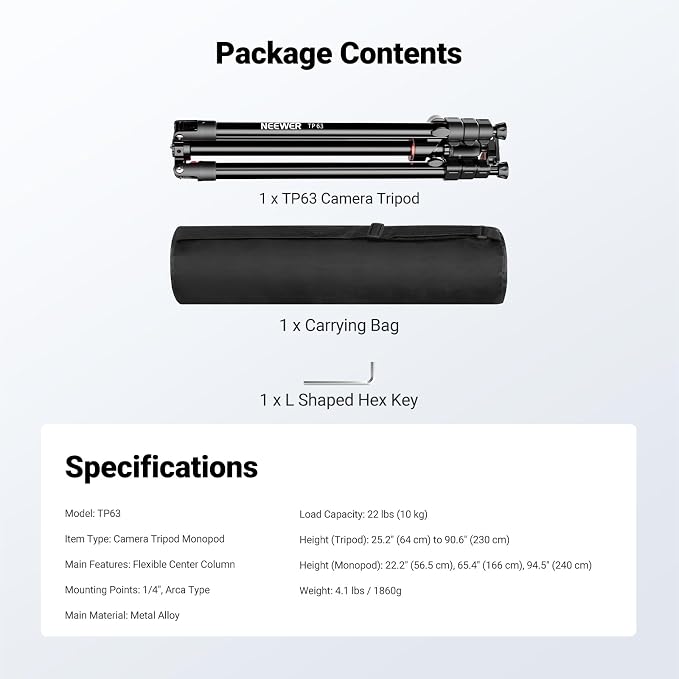 NEEWER 90 Inch Tall Overhead Horizontal Camera Tripod Monopod with Ball Head & Flexible Center Column, Metal DSLR Video Travel Stand, Arca Type QR Plate & Inverted Legs, Max Load 10 kg / 22 lbs, TP63 - Image 8