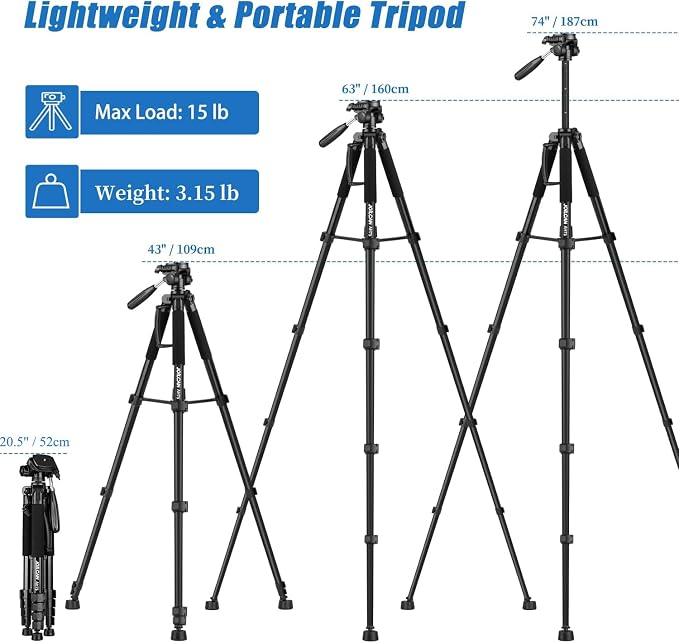 JOILCAN 74" Tripod for Camera Phone Video Recording Photography | Heavy Duty, Professional Travel Tripod, with Phone Clip and Carry Bag, Compatible with DSLR Canon iPhone, Max Load 15 LB - Image 2