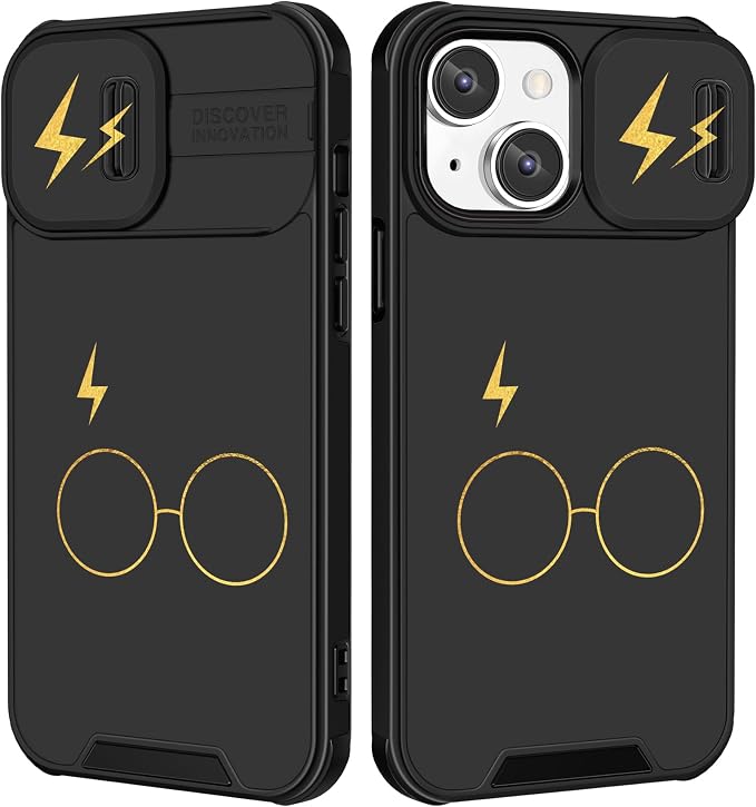 (2in1 for iPhone 15 Case for Women Cute Phone Cover Girly Teen Boys Pretty Black Glasses Unique Design with Slide Camera Cover Protective Stand Holder for iPhone 15 Cases 6.1'' by Goocrux