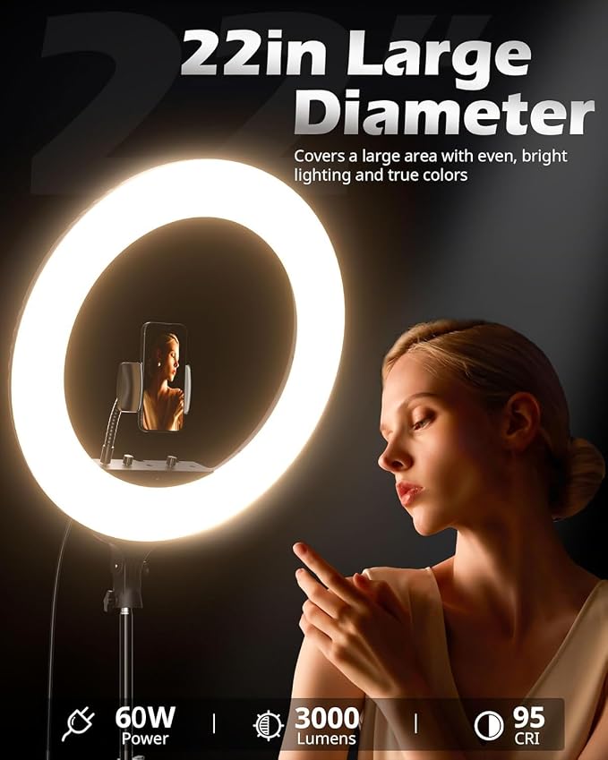UBeesize 22'' Ring Light with 72'' Stand, 60W Large Ring Light with Phone Holder, Dimmable LED Light for Makeup Barber Stylist Tattoo YouTube TikTok Photography - Image 2