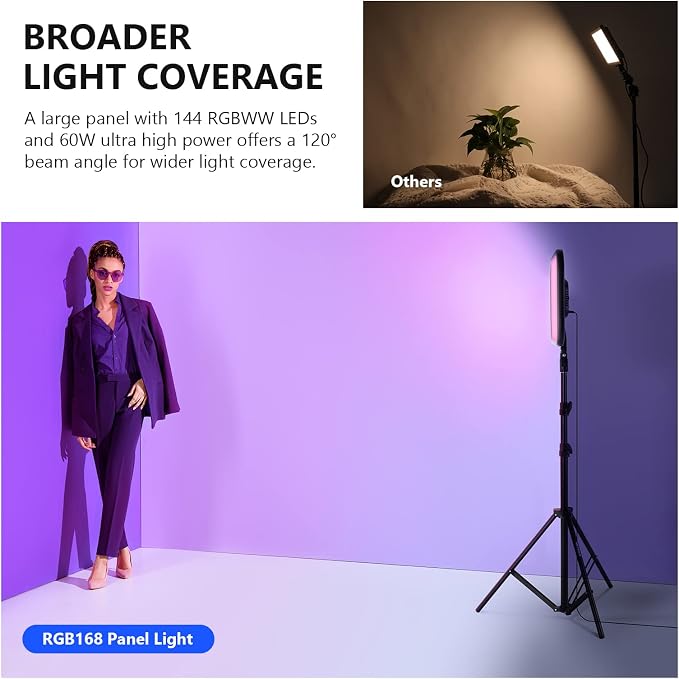 NEEWER RGB168 18.3" RGB LED Video Panel Light with App Control | Bluetooth, 2 Pack Tripod Stand Kit, 60W, 360° Full Color, 2500K-8500K, CRI97+, for Studio Photography YouTube Game Streaming - Image 4
