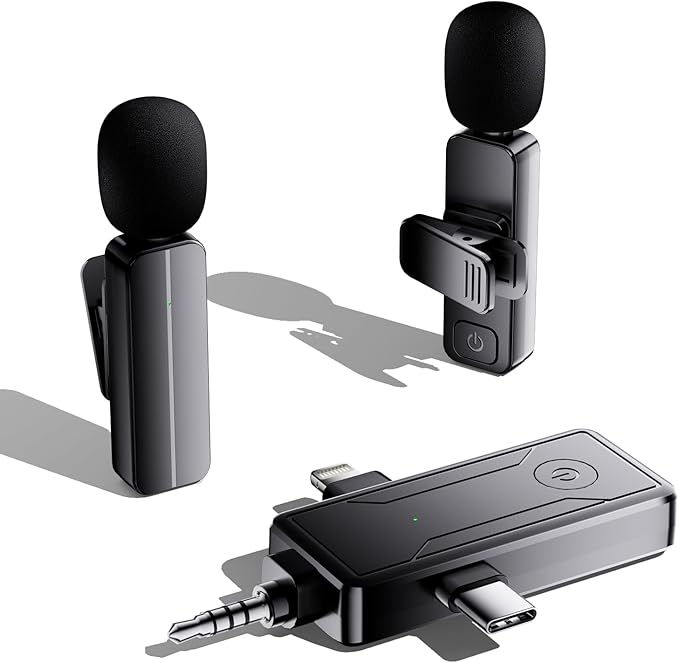 2-Pack Wireless Mini Lavalier Lapel Microphone for iPhone,Android Device(3 in 1) - 65ft Cordless Clip on Dual Mics with Noise Reduction 6H Working Time for Video Recording Vlogging, YouTube, Interview by Bulatry2-personsoundpickup