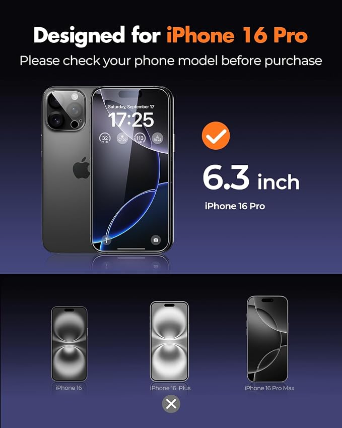 UNBREAKcable iPhone 16 Pro Screen Protector & Camera Lens Protector | Upgraded Dual-Tempered Glass with Military-Grade 9H Hardness, 3-Pack,HD Clarity, Anti-Fingerprint, Case Friendly, Fits 6.3'' - Image 2