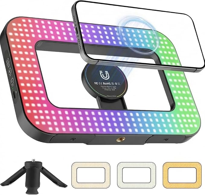 Ring Light for Phone, Magnetic Selfie Light with Tripod Stand, Rechargeable RGB Video Light, 10 Brightness Levels & 3 Cold Shoes for Recording, Vlogging, Influencers, Makeup by Unknown