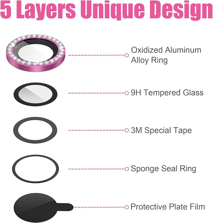 AGVEE 3+3 6 Pack for iPhone 14/14 Plus Camera Lens Protector Cover | Individual Bling Diamond & Bling Glitter Sparkle Cute Gem Metal Ring, 9H Tempered HD Glass - Image 7