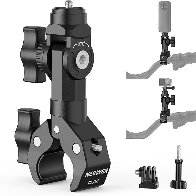 NEEWER Motorcycle Bike Handlebar Clamp Action Camera Mount, CA161 | Heavy Duty Clip Holder, 1/4" Screw, 3 Prong Adapter, Compatible with Insta 360 X5 X4 Hero 13 12, POV Video Recording, CA161 by Neewer