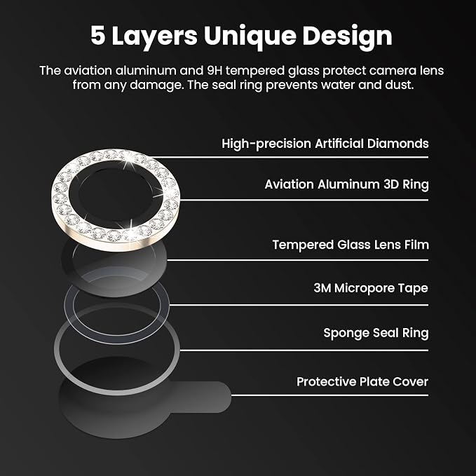 Tensea for iPhone 13 Pro/iPhone 13 Pro Max Camera Lens Protector Bling, Protection Camera Cover Tempered Glass Screen Protector Diamond Metal Individual Ring for 13Pro 6.1" / 13 ProMax 6.7 inch 2021 | Protective Camera Cover Tempered Glass Screen Prote... - Image 5