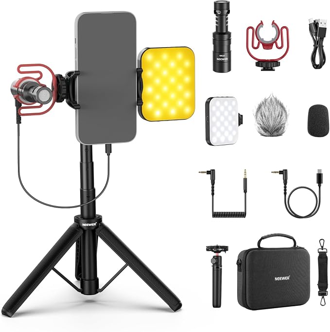NEEWER Basics PA050 Vlogging Kit for iPhone Android Phone for YouTube TikTok Streaming Video Recording, Selfie Stick Tripod + Microphone + LED Fill Light, Youtuber Starter Content Creator Essentials by Neewer