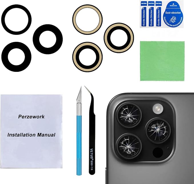 Back Rear Camera Lens Glass Replacement Compatible with iPhone 16 Pro Max and iPhone 16 Pro with pre-Installed Adhesive and Reparing Toolkit by Perzework