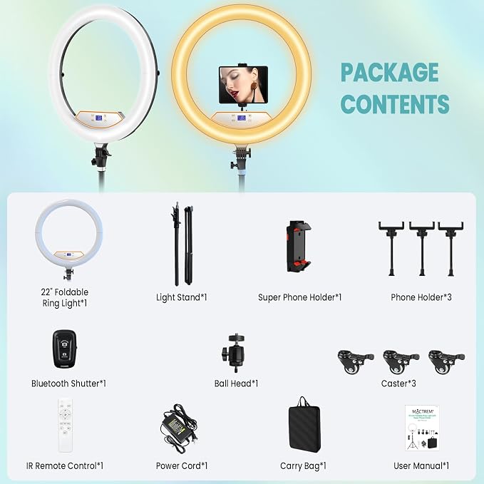 MACTREM 22" Foldable Ring Light with Stand for iPhone ipad, 75" Tripod with Wheels 50W 6500K LED Display/2 USB Ports Large Ringlight Rolling, Tattoo Barber Makeup Studio Video Photography Lighting - Image 9