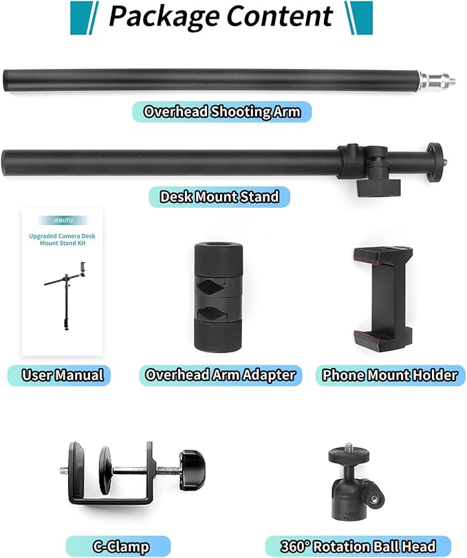 Overhead Camera Mount Desk Stand, Camera Arm Desk Mount Clamp Stand with 360°Adjustable Magic Arm, Webcam Arm Mount Stand w Ballhead Phone Mount for Desk Logitech Microphone Video Light Cell Phone - Image 9