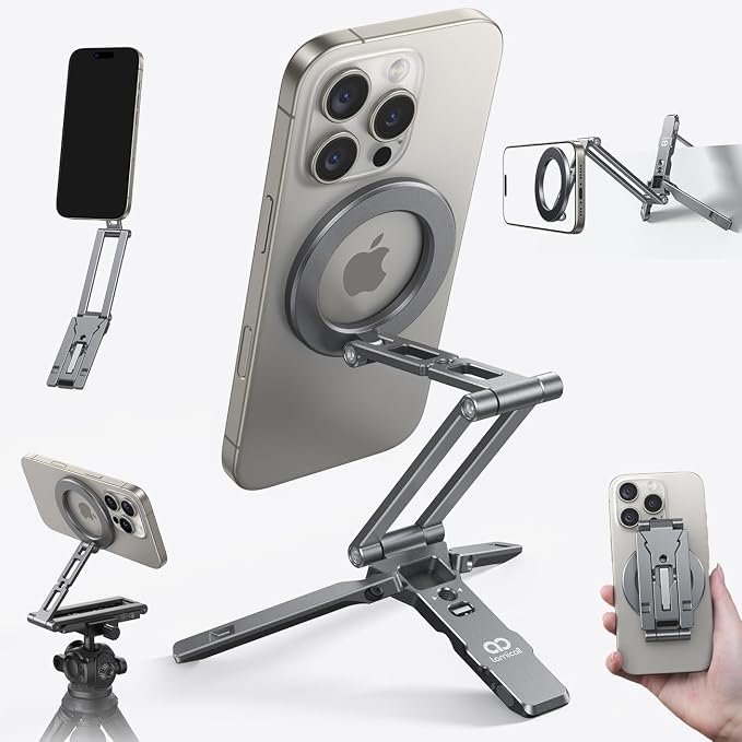 Lamicall for MagSafe Tripod Stand Ultra-Compact with 1/4" Screw, Arca, Hook | Aluminum Magnetic Tripod for iPhone, Flexible 20x Magnet Phone Stand Gift Accessories for Women Men for iPhone 17 16 15 Grey by Lamicall