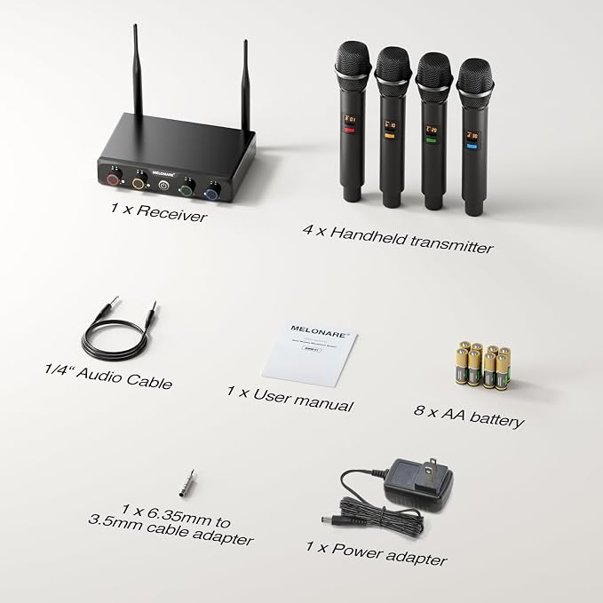 MELONARE 4x10 Freq. UHF Wireless Microphone System, 200FT Stable Signal | Cordless Handheld Mics, Microfono Inalambrico for Singing, Wedding, Karaoke, Church, DJ Events,Party MWM-41-4H - Image 8