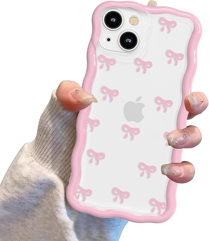 QLTYPRI for iPhone 15 Pink Bow Case, Clear Cute Pink Ribbon Bow Phone Case Curly Wavy Aesthetic Phone Cover, Soft Slim Transparent TPU Shockproof Protective Cover for Women Girls - Tiny Bow - Image 7