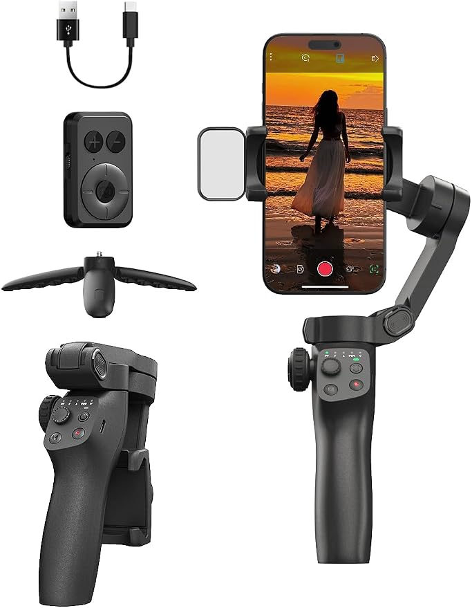 Gimbal Stabilizer for iPhone, Phone Stabilizer, Portable Foldable 3-Axis Phone Gimbal with Magnetic Fill Light for Android & iPhone 17 16 15 Pro Max, Ideal for Travel Vlogging by FUNSNAP