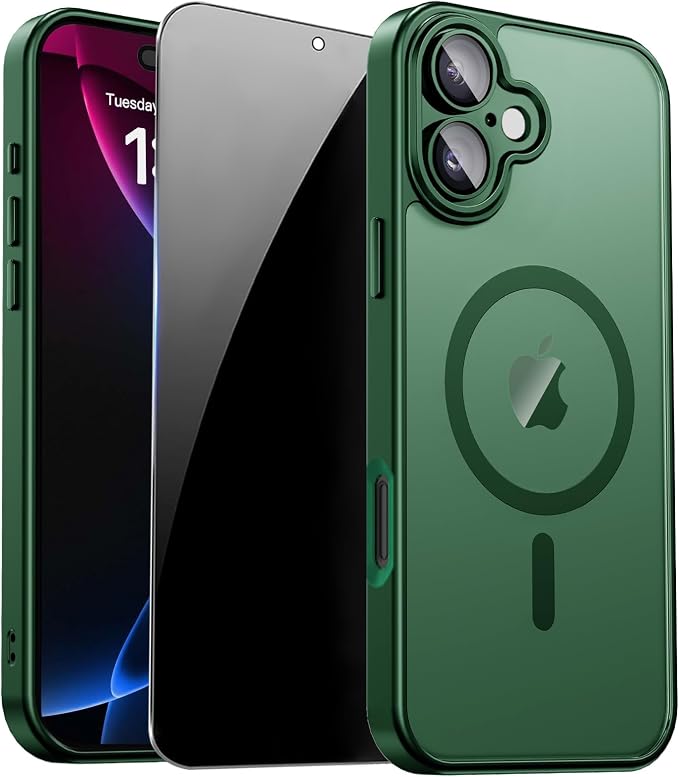 for iPhone 17 Case with Privacy Screen Protector, Green | Full Camera Protection, Magnetic, Compatible with MagSafe, Translucent Matte Shockproof Phone Protective Cover for iPhone 17 by ZOZDOKG